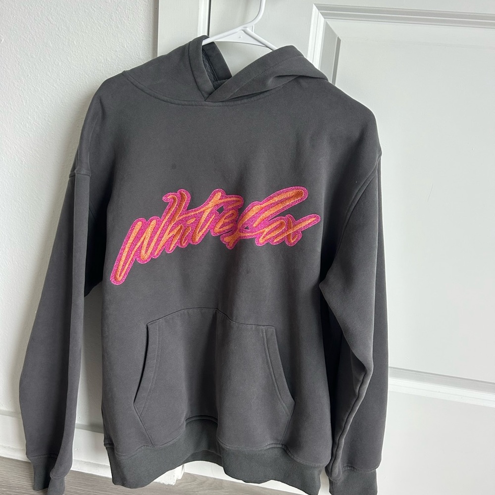 White Fox Boutique Gray Hoodie with Pink Logo